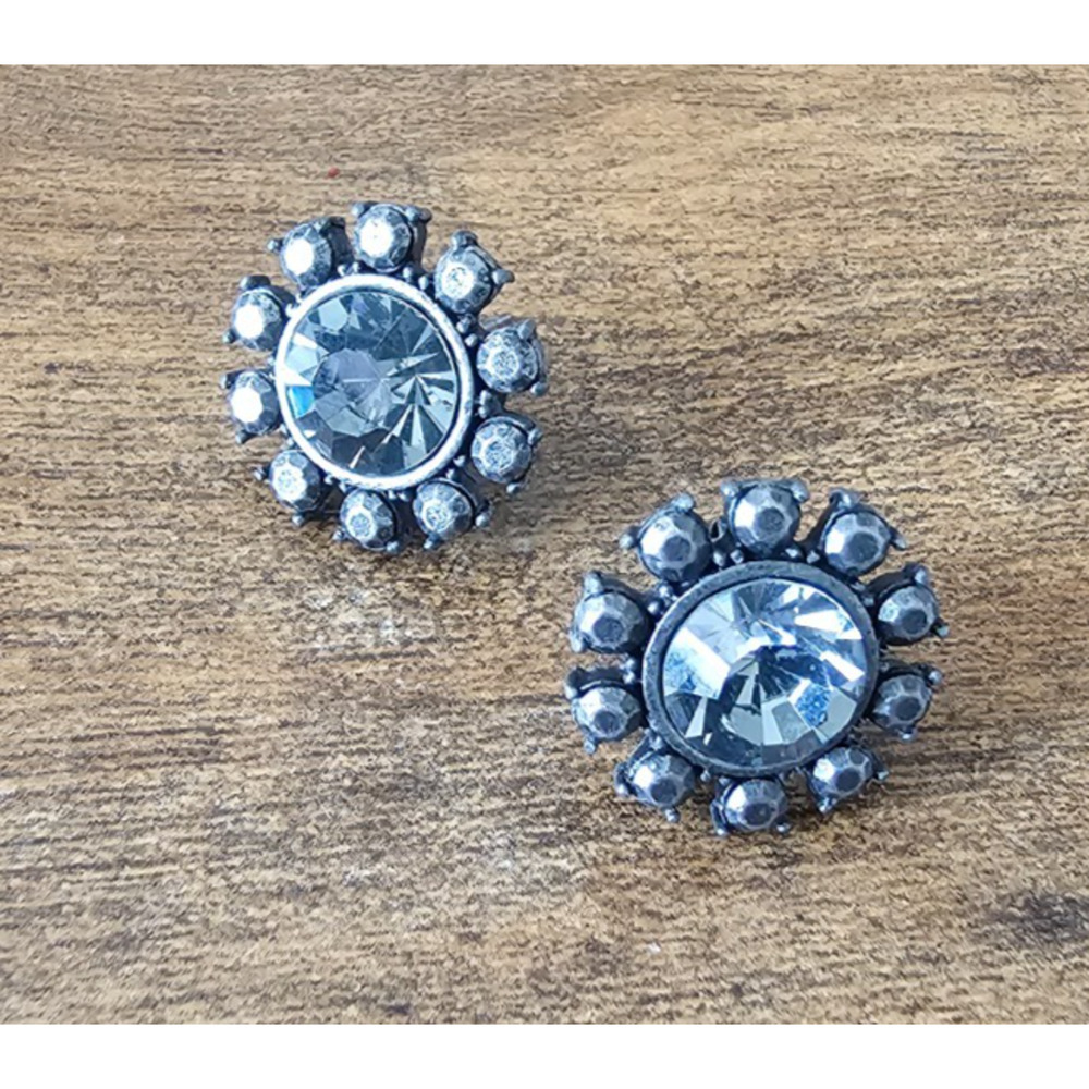Vtg Mimco Twinkle Mini Post Earrings in silver with a dark icy blue crystal